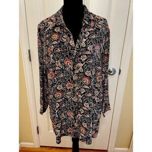JJill XL Petite Button Up Tunic Top Black Floral Paisley EUC Career